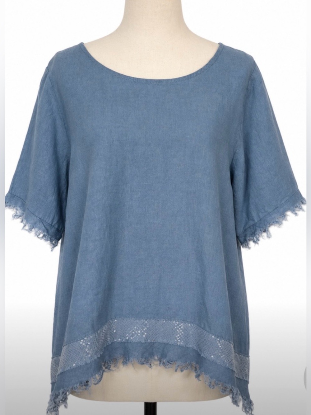 Bella Amore Italy Blue 100% Linen Sequin Fringe Tunic Top L XL Coastal Boho Chic